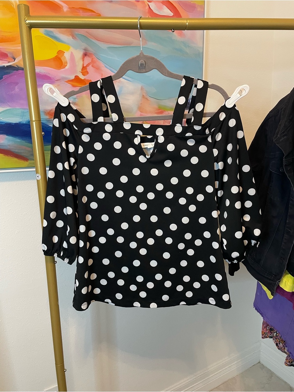 Perseption Black Polka Dot Cold-Shoulder Blouse date night going out Small